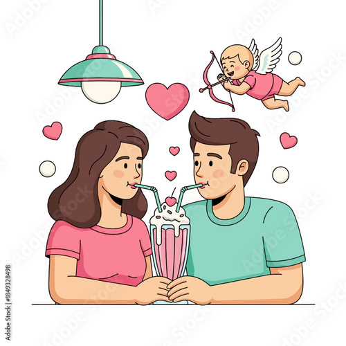 Cartoon illustration of a loving couple sharing a pink milkshake on Valentine's Day with a cherub and hearts around them.