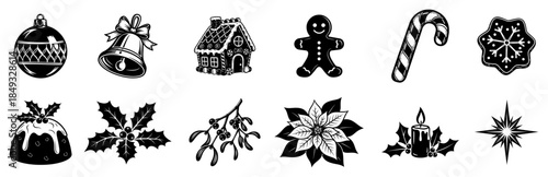 Set of black and white christmas icons including gingerbread man and holly