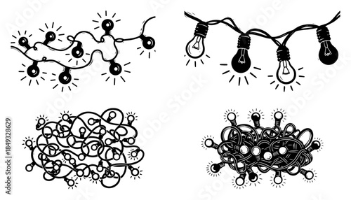 Hand drawn christmas string lights collection with tangled and hanging bulbs