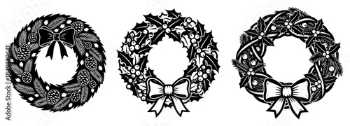 Set of three christmas wreaths with bows and pine cones in vintage engraving style