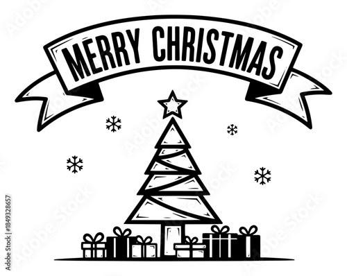 Merry Christmas banner with stylized pine tree and gift boxes vector illustration