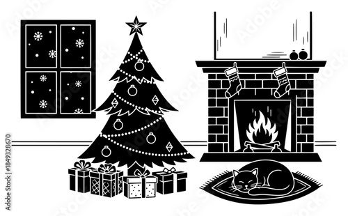 Cozy Christmas living room with sleeping cat near fireplace and decorated tree