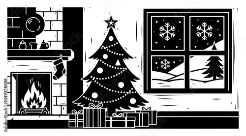 Christmas living room interior with fireplace and tree in woodcut style
