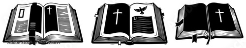 Set of open holy bible books with cross and dove illustrations in vintage style