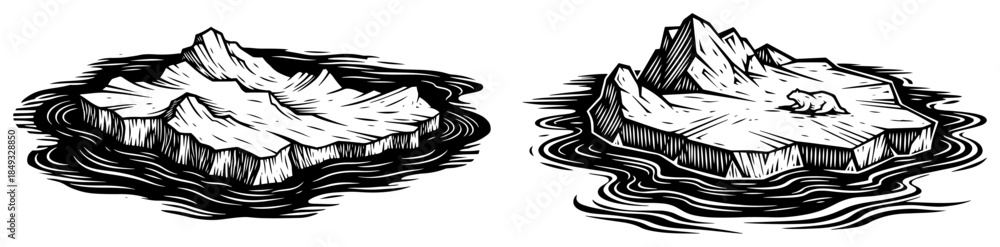 Obraz premium Two arctic icebergs floating in water with small polar bear