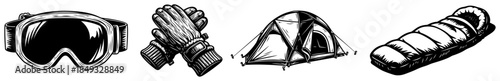 Winter expedition equipment set featuring tent gloves goggles and sleeping bag