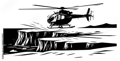 Helicopter flying over frozen glacier landscape near the ocean