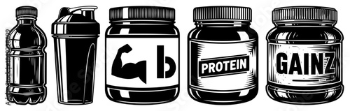Collection of gym protein supplement containers and shaker bottles for bodybuilders