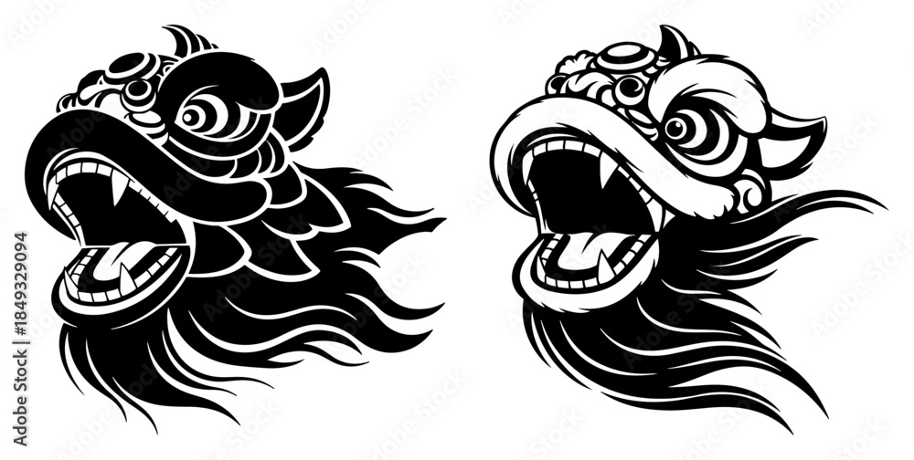 Obraz premium Two stylized chinese lion dance heads with open mouths vector illustration