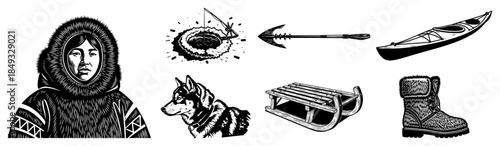 Set of arctic elements including inuit person husky dog sled and equipment
