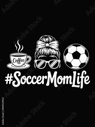 A fun design featuring a coffee cup, sunglasses, and a soccer ball. 