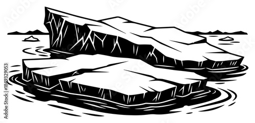 Floating icebergs and glacier fragments in ocean water woodcut illustration