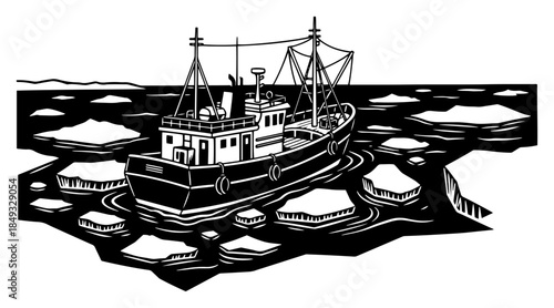 Fishing ship navigating through frozen sea ice floes in woodcut style