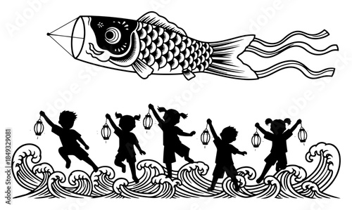 Japanese koinobori fish streamer and children playing with lanterns silhouette