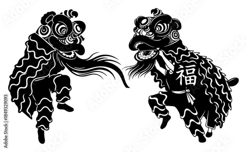 Traditional chinese lion dance performers illustration in black silhouette style