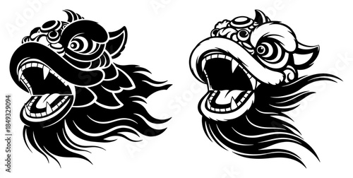 Two stylized chinese lion dance heads with open mouths vector illustration