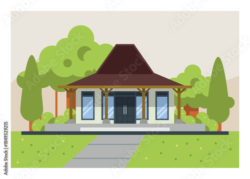 Modern minimalist house with Javanese joglo roof. Simple flat illustration.