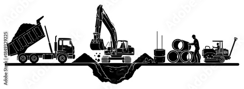Construction site panorama with excavator truck and road workers