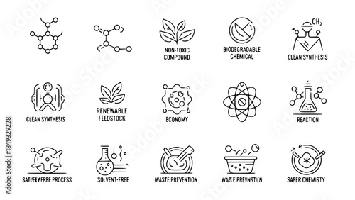 Chemical structures illustrate sustainable chemistry practices on white or eco molecules demonstrate greener technology methods on backdrop