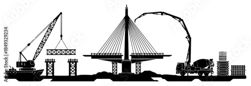 Construction site landscape showing bridge building with crane and concrete mixer truck