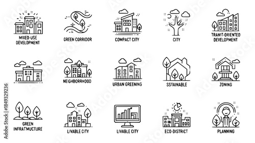 City planning icons display urban development solutions and concepts or green city icons presenting ecological urban design solutions