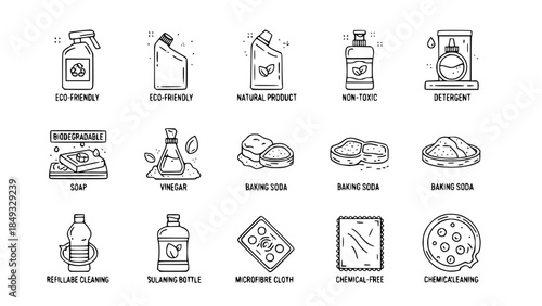 Cleaning products icons illustrate cleaning supplies on white background or cleaning supply icons showcase household cleaning items on clean backdrop