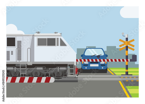 Train passing double track railroad crossing. Simple flat illustration.
