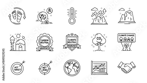 Climate icon set depicts sustainability solutions in outlined style or Climate symbols present eco friendly awareness for earth or environment