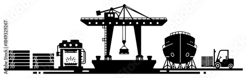 Shipyard industrial landscape featuring gantry crane ship hull and forklift truck