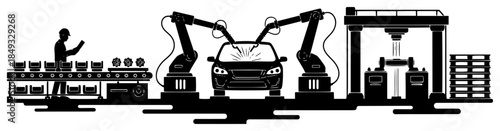 Automated car production line in factory with robotic arms and worker