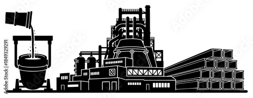 Heavy industry steel factory panorama with blast furnace and molten metal pouring