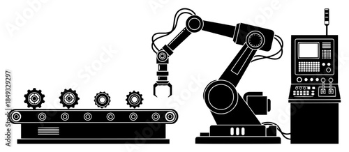 Industrial robotic arm working on conveyor belt assembly line with control panel