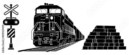 Diesel freight train locomotive on tracks with crossing signal and cargo stack