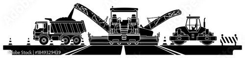 Road construction scene with asphalt paver dump truck and steamroller machine