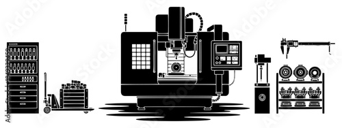 Modern cnc machine center in factory workshop with tools and equipment