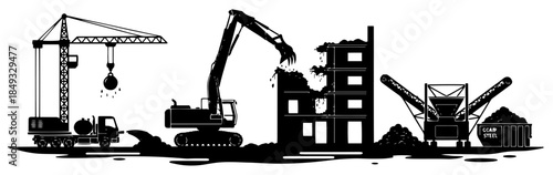 Building demolition site featuring heavy excavator and wrecking ball crane