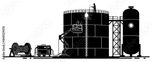 Industrial welding scene with workers repairing large storage tanks