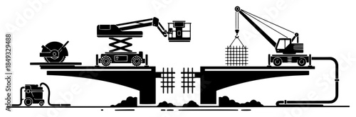 Bridge construction site showing crane lifting materials and scissor lift on unfinished structure