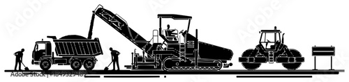 Road construction crew paving asphalt with heavy machinery dump truck and roller