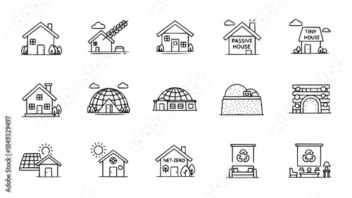 Houses sketches showcase environmentally conscious building designs on white background or ecological home collection displays sustainable architecture on clean background