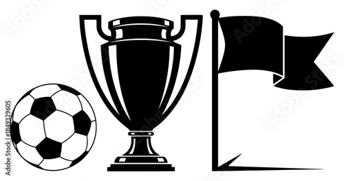 Soccer ball next to championship trophy cup and corner flag