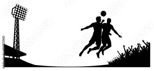 Silhouette of two soccer players jumping to head the ball in a stadium