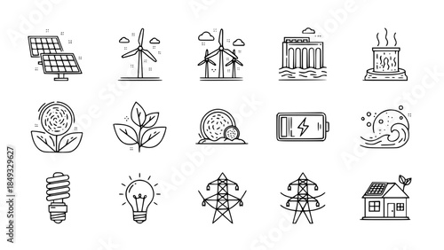 Renewable energy icons depict sustainable resources or Eco energy icons represent alternative power sources