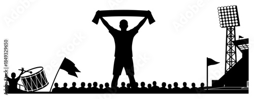 Silhouette of football fan holding scarf and cheering with drum in stadium