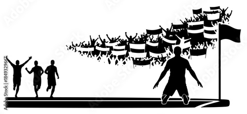 Football player celebrating goal victory with crowd of fans and flags