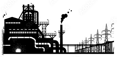 Industrial factory landscape with power lines and smoke from chimney