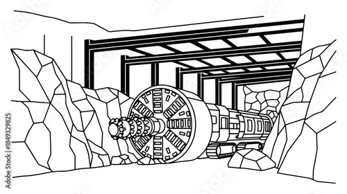 Large tunnel boring machine drilling through rock underground for subway construction project