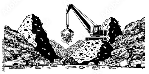 Industrial crane lifting scrap metal in a car junkyard with piles of wrecked vehicles