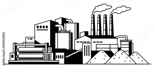 Industrial factory plant with smoking chimneys and piles of raw materials