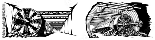 Deep underground tunnel construction scene with drilling machine and excavation equipment